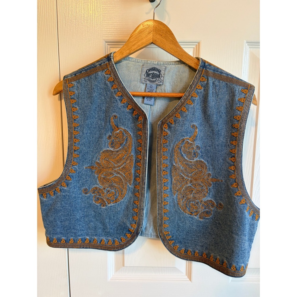Cambridge Dry Goods Denim Vest Embroidered Paisley Boho Blue Cotton Large